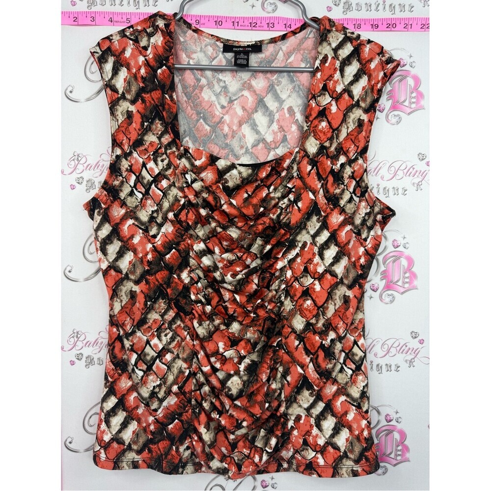 Style & Co. Orange red, Black & Cream Snake-Print Draped Neck Shell